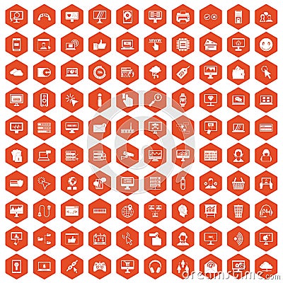 100 internet icons hexagon orange Vector Illustration