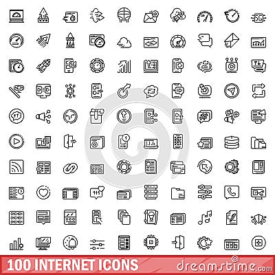 100 internet icons set, outline style Vector Illustration