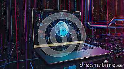 Internet information technology concept. Laptop Computer showing internet data processing screen. Stock Photo