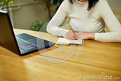 Internet for learning and job search. Woman hand making notes in notepad Stock Photo