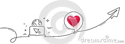 Internet line icon. Laptop web sign. Continuous line with plane. Vector Vector Illustration