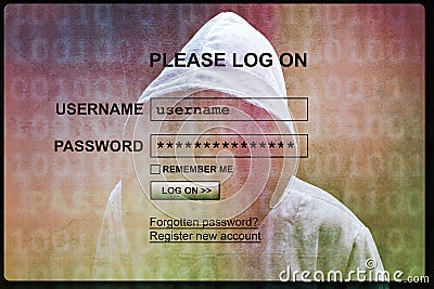 Internet login screen with silhouette of a hacker Stock Photo