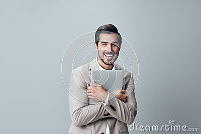 internet man freelancer smiling suit stylish laptop business job copyspace computer Stock Photo