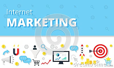 Internet marketing, advertising concept in flat style. Modern website infographics illustration image web banner. Cartoon Illustration