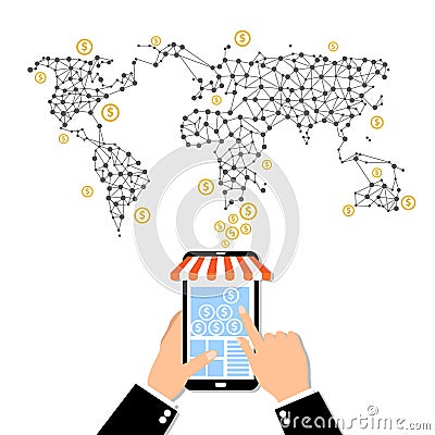 Internet and mobile marketing concept. Social network. Online shopping. Shopping basket. Investment business. Strategy fo Stock Photo