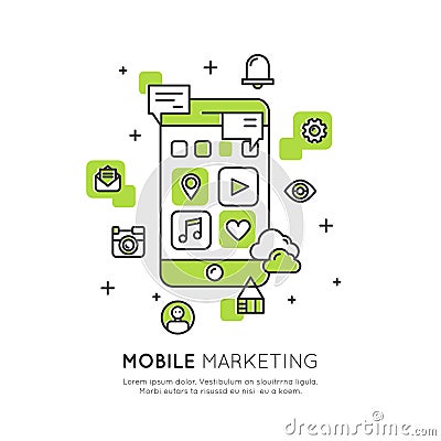 Internet Mobile Marketing and Promotion Process Sending Letters to Users, Shopping, E-commerce Vector Illustration