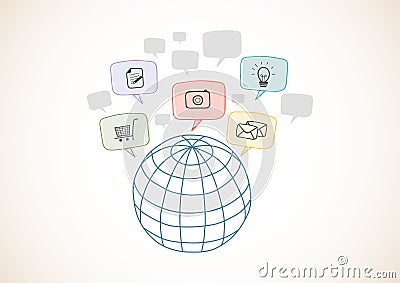 Internet network with icons, Worldwide business connection. Hand drawn styles. Vector Illustration