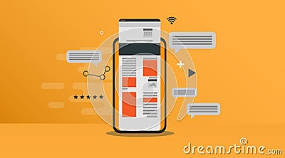 Internet Network Scheme With Mobile Phone And Icons, Orange Background Vector Illustration