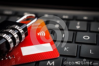Internet payments, secure online shopping and data encryption security concept with passcode combination padlock and credit card Stock Photo