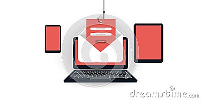 Internet Phishing, Account Hacking Attempt by Malicious Email - Hacker Activity, Data Theft, Hacked, Stolen Login Credentials Vector Illustration