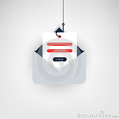 Internet Phishing, Account Hacking Attempt by Malicious Email - Hacker Activity, Data Theft, Hacked, Stolen Login Credentials Vector Illustration