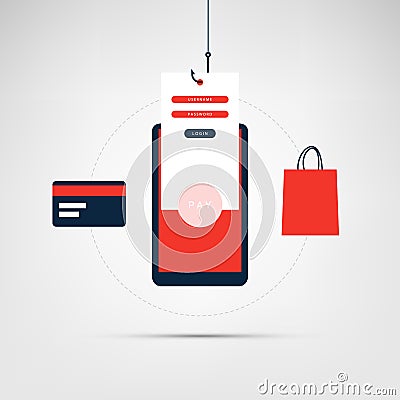 Internet Phishing, Account Hacking Attempt During Online Payment - Hacker Activity, Data Theft, Hacked, Stolen Login Credentials Vector Illustration