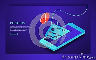 Internet phishing, hacked login and password. Hacking credit card or personal information website. Cyber account attack. Vector Illustration