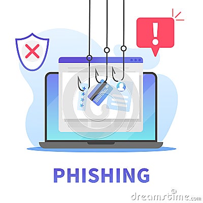 Internet phishing, stealing credit card data, account password and user id. Concept of hacking personal information via Vector Illustration