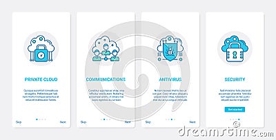 Internet privacy communication, antivirus security UX, UI mobile app page screen set Vector Illustration