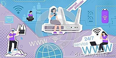 Internet Provider Flat Collage Cartoon Illustration