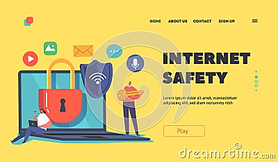 Internet Safety Landing Page Template.Computer and Account Protection Concept. Characters Work on Computer Vector Illustration