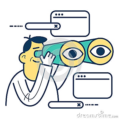 Internet search concept. The process of discovery and research in the network. Cartoon man looks with binoculars Vector Illustration