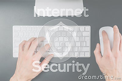 Internet security computer data symbol on blured keyboard background. Hacker attack and data breach, information leak Stock Photo