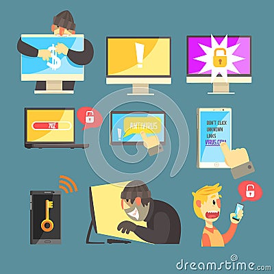 Internet Security And Computer Protection Against Criminal Hackers Stealing Passwords And Money Set Of Info Vector Illustration