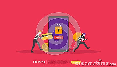 internet security concept with tiny people character. password phishing attack. stealing personal data. web landing page, banner, Vector Illustration