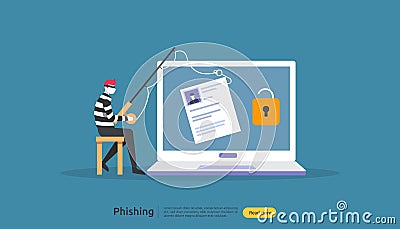 internet security concept with tiny people character. password phishing attack. stealing personal data. web landing page, banner, Vector Illustration