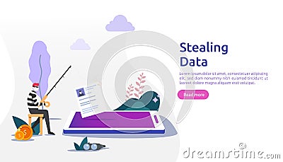 internet security concept with tiny people character. password phishing attack. stealing personal data. web landing page, banner, Vector Illustration
