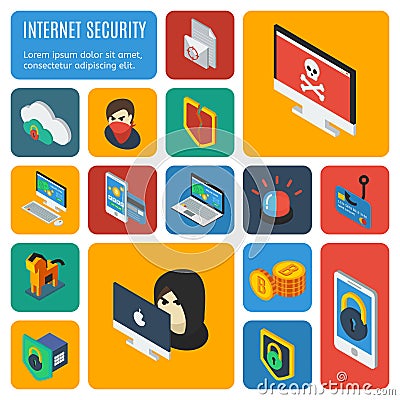 Internet Security Decorative Isometric Icons Vector Illustration