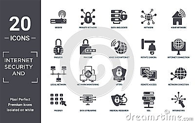 internet.security.and icon set. include creative elements as modem, home network, rotate camera, https, data streaming, local Vector Illustration