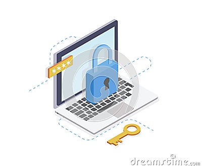 Internet security isometric concept.Traffic Encryption, VPN, Privacy Protection Antivirus hack.flat 3d isometry Vector Illustration