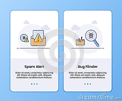 Internet security spam alert and bug finder onboarding template for mobile ui app design Vector Illustration