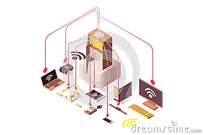 Internet server vector isometric illustration. Computer hardware equipment, Internet of things, cloud system, portable Vector Illustration