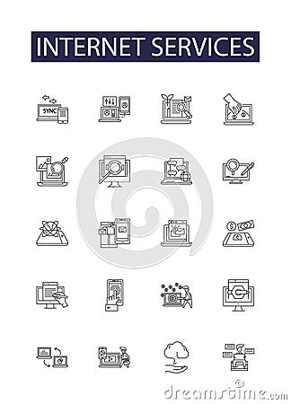 Internet services line vector icons and signs. services, web hosting, streaming, email, cloud, VoIP, file-sharing, DNS Vector Illustration
