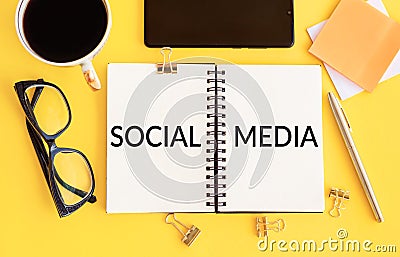 Internet Social Media Network Digital. Social media text in notebook Stock Photo