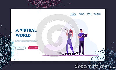 Internet and Social Network Addiction Website Landing Page. Woman with Smartphone on Face, Man with Tablet Tied Vector Illustration