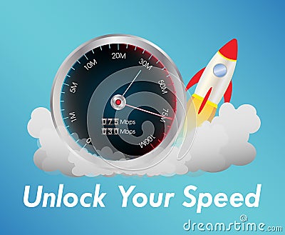 Internet speed test meter with rocket Vector Illustration