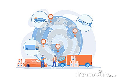 Internet store goods international shipment. Global transportation system, worldwide logistics and distribution, Vector Illustration