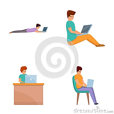 Internet surfing icons set cartoon . Guy spends time at laptop Stock Photo