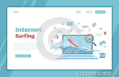 Internet Surfing, Online Research. Business, news, Social networking, search, education, video, games. Surfboard, waves, magnifyin Vector Illustration