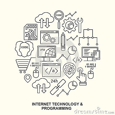 Internet technology and programming round shape pattern with linear icons. Vector Illustration