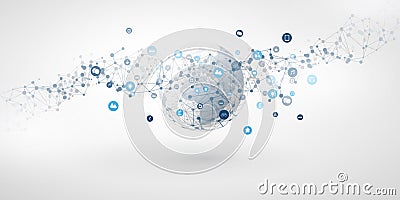 Internet of Things, Cloud Computing Design Concept with Earth Globe, Wireframe and Icons - Global Digital Network Connections Vector Illustration