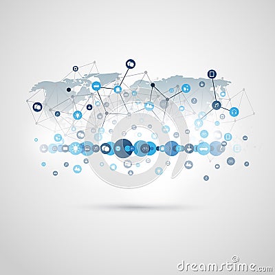 Internet of Things, Cloud Computing Design Concept with Wireframe, World Map and Icons - Global Digital Network Connections Vector Illustration