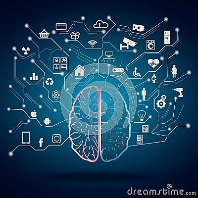 Internet of things digital brain. Spider web of network connections. Vector Illustration