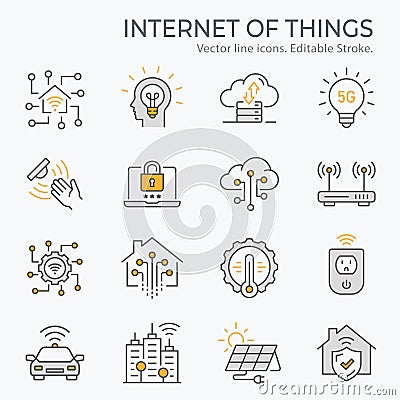 Internet of things icons, such as artificial intelligence, sensor, energy, tech and more. Vector illustration isolated Vector Illustration