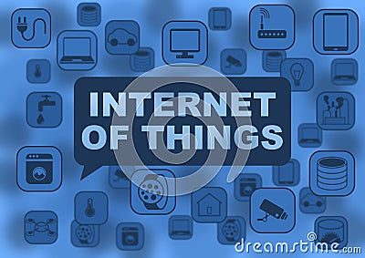 Internet of things illustration with various objects flying around like notebooks, tablets, smart watches Cartoon Illustration