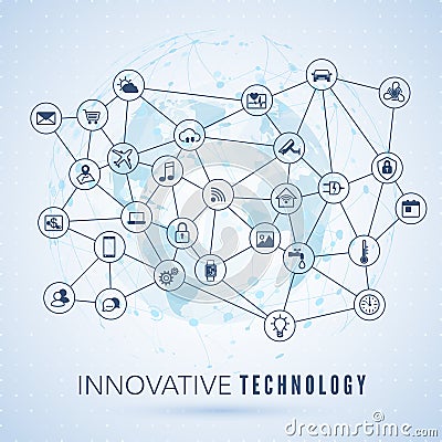 Internet of things. IOT concept. Global network connection. Monitoring and control smart systems icons on globe map background. Vector Illustration