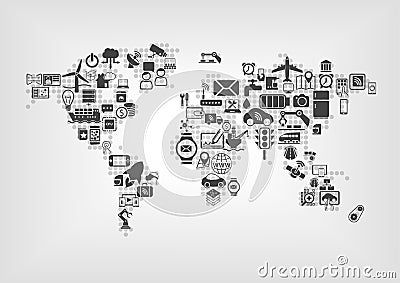 Internet of things (IOT) and global connectivity concept. World map of connected smart devices Vector Illustration