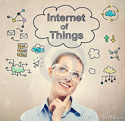 Internet of Things (IoT) sketch with young business woman Stock Photo