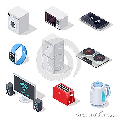 Internet things isometric icons. Household appliances. Wireless electronic devices vector 3d isolated set Vector Illustration