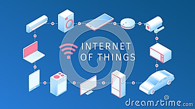 Internet of things layout. IOT online synchronization and connection via smartphone wireless technology. Smart home concept with Vector Illustration